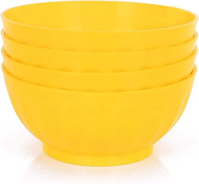 Mintra Unbreakable Plastic Bowl, YELLOW 4pk - Large, 1.8L, 60oz, 7.75inW x 3.25inH - (Part Of A Set) - Salad, Snacks, Breakfast Cereal, Fruit, Popcorn, Soup, Colorful, Shatterproof, BPA Free