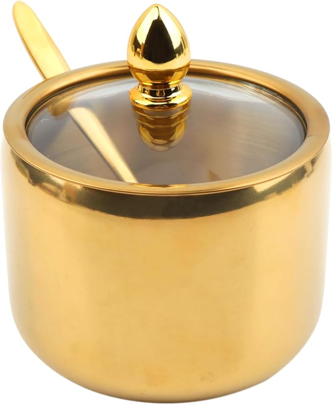 10oz Sugar Bowl with Lid and Spoon, Durable Sugar Pot for Coffee Bar Accessories, Stainless Steel Holder Jar for Salt, Tea, Candy, Home and Kitchen Storage(Gold)