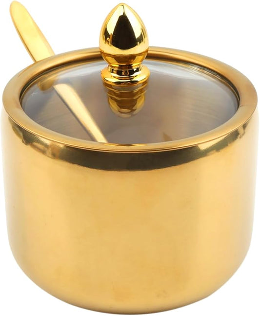 10oz Sugar Bowl with Lid and Spoon, Durable Sugar Pot for Coffee Bar Accessories, Stainless Steel Holder Jar for Salt, Tea, Candy, Home and Kitchen Storage(Gold)