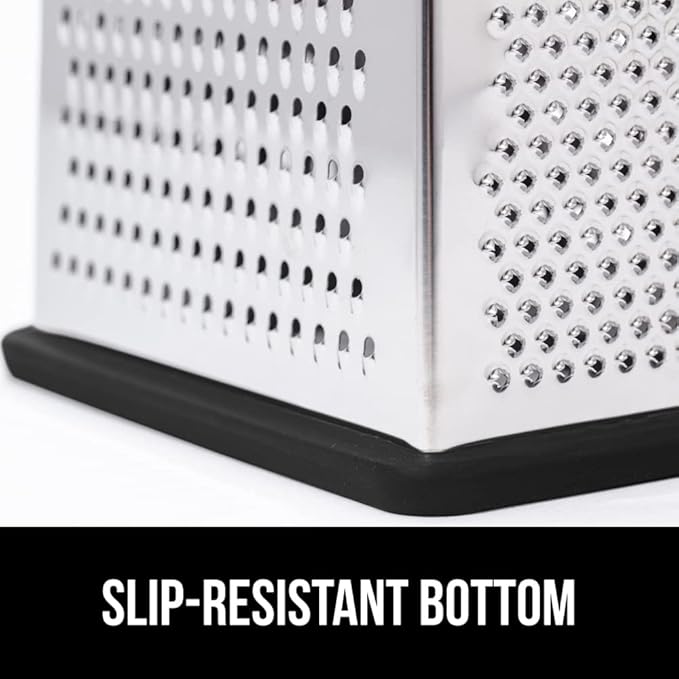 GORILLA GRIP 4-Sided Stainless Steel Cheese Grater With Container, 100% BPA-Free Box Grater, Slip Resistant Base and Handle, Grate Parmesan, Hard Cheeses, Shred Vegetables, Dishwasher Safe, Black