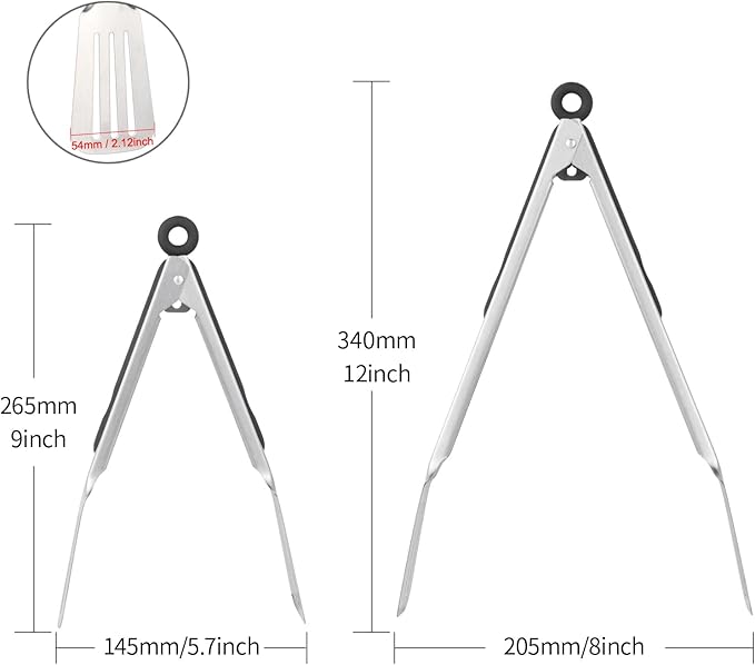 Lebabo Metal Tongs for Cooking, Set of 2 Stainless Steel Spatula Tongs for Grilling, Cooking and Flipping, Strong Grip for Ribs, Steak and Fish, Comfortable Grip, Easy Pull Lock, 9 inch & 12 inch