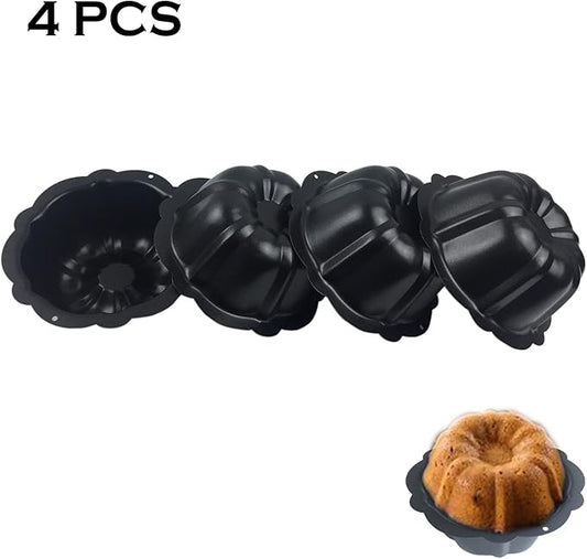 LoveDeal 4 Inch Fluted Tube Cake Pan, Nonstick Mini Kugelhopf Mold, Carbon Steel Fluted Baking Cake Pans, Metal Round Pumpkin Shaped Mould for Muffin, Brownie, Pudding - Black, Set of 4