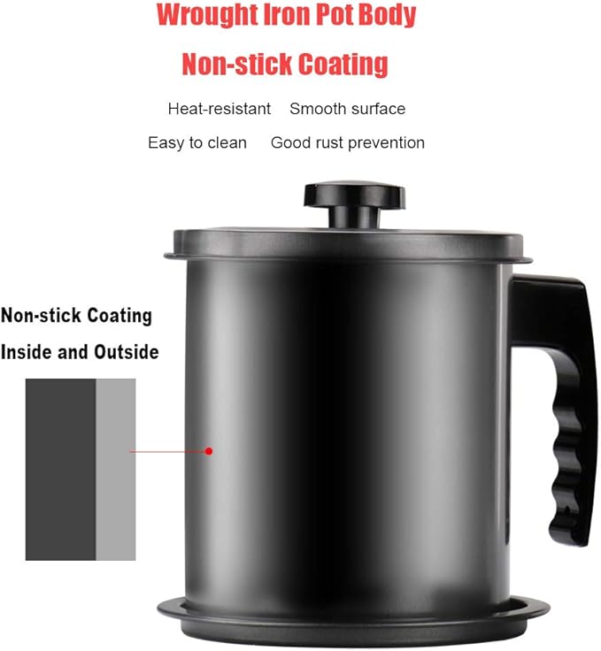 Cambom Bacon Grease Container with Fine Mesh Strainer, 1.6L almost 7 Full Cups Iron Cooking Oil Can with Removable a Coaster Tray for Kitchen Fat Storage Black
