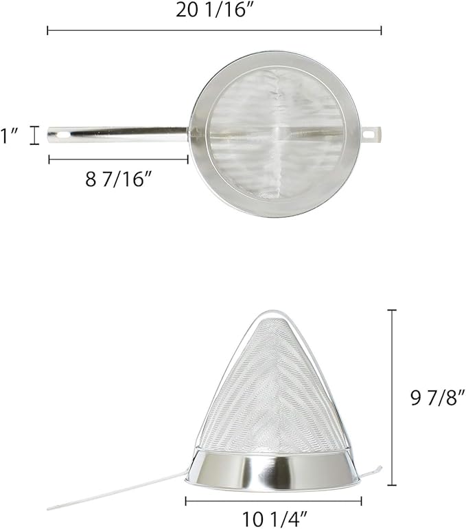TrueCraftware- 3 qt. Stainless Steel 10" Reinforced Bouillon Strainer Fine Mesh- Cone Shaped Strainer Food Strainer Juice Strainer Kitchen Tools Food Colander For Straining Seeds Beans Sauces