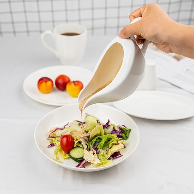 Fine Bone china Gravy Boat with Saucer, Free Salt&Pepper Shaker for Promotion, 14 oz Large Capacity, Pure White Color, Thin and Light Weight, Comfortable to Hold and Easy To Clean, Dishwasher Safe