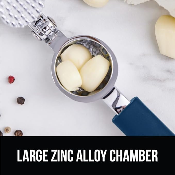 GORILLA GRIP Garlic Press and Peel Set, Heavy Duty Mincer Tool, Large Ergonomic Handle, Easily Mince and Crush Garlics, Ginger, Nuts, Seeds, Peeler Included for Peeling Cloves, Kitchen Gadgets, Blue