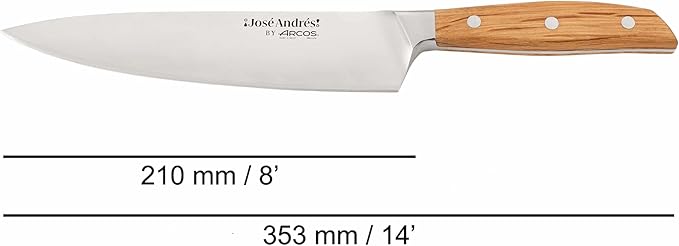 Arcos Jose Andres Chef Knife | 8-Inch Forged Knife for Professional Culinary Precision | NITRUM Stainless Steel Blade with Silk Edge | Ergonomic Light Brown Holm Oak Handle