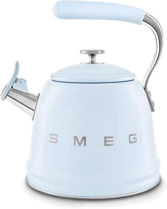 SMEG Stovetop Whistling Kettle – 50s Retro Style, 2.3 Liter (10 Cup / 2.4 Quart) Stainless Steel Tea Kettle with Iconic Design & Whistle – Premium Kitchen Statement Piece-Pastel Blue