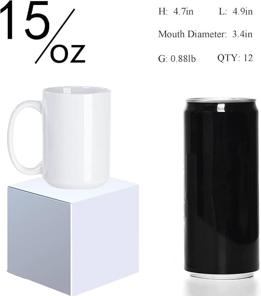 Sublimation Coffee mugs, 15 oz White Coffee Mugs Tazas Para Sublimacion Cups With Box for Coffee, Soup, Tea, Milk, Latte, Hot Cocoa Set of 12
