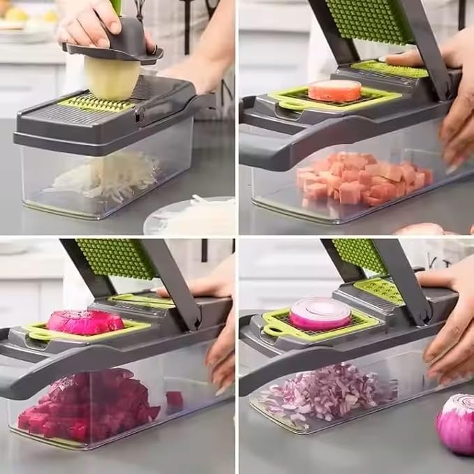 DOSTDR - Vegetable Chopper, Mandoline Slicer, Veggie Chopper, Food Chopper with Container, Vegetable Cutter for Onion Salad Vegetable Chopper, Fruit Slicer, Shredding, Multi-Function (Gray Green)