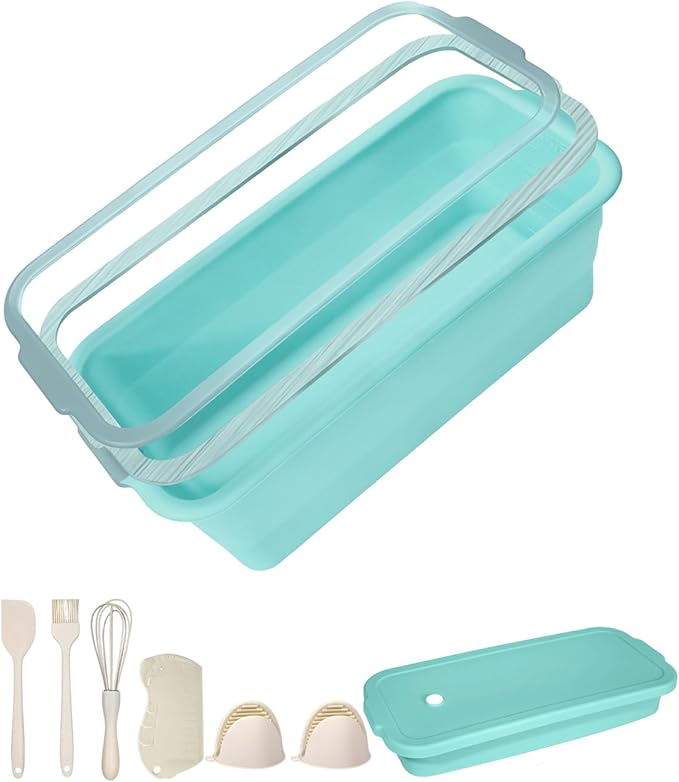 CHICHAUS Large size foldable silicone bread loaf pan with lid,11x4.7 Inch easy to store non stick Bread Baking Pans,Sourdough Bread Pan with Baking Tool Supplies Kit for Homemade Bread, Cake