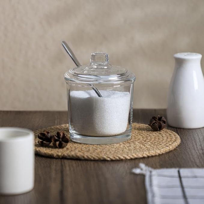 123Arts Glass Sugar Bowl Spice Jar with Lid and Stainless Steel Spoon Spoon