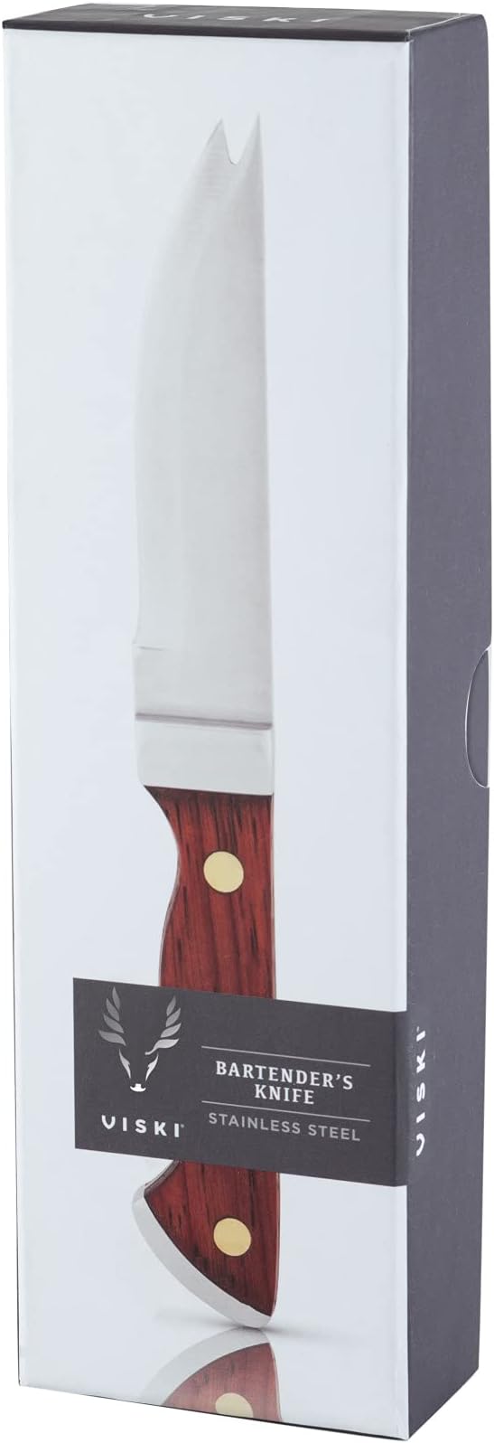 Viski Bartender Knife, 7 Inch Knife, Acacia Wood Handle, Double Tipped Stainless Steel Blade, Bar Knife, Riveted Base, Set of 1