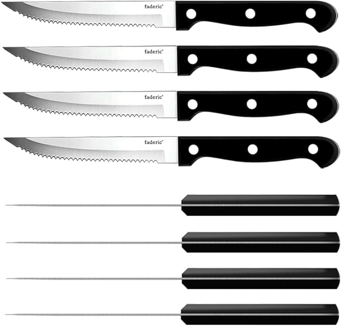 faderic Serrated Steak Knives Set of 8, Black Full-Tang Triple Rivet Steak Knife Set, Stainless steel Sharp Blade,4.5 Inches Dishwasher Safe