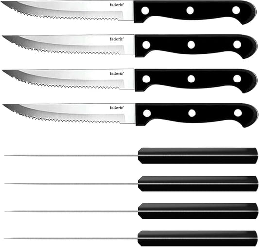 faderic Serrated Steak Knives Set of 8, Black Full-Tang Triple Rivet Steak Knife Set, Stainless steel Sharp Blade,4.5 Inches Dishwasher Safe