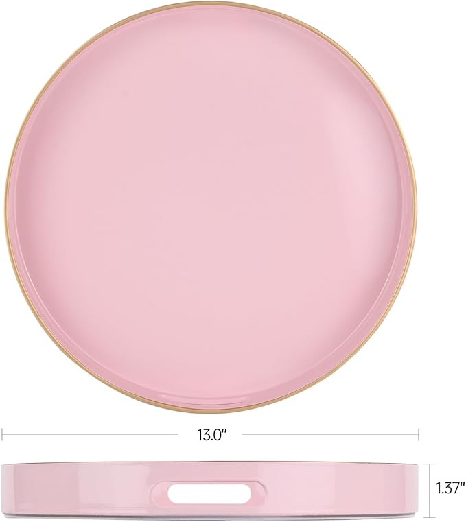 Sturdy Acrylic Serving Tray with Handles-13Inch, Morden Plastic Round Serving Tray for Coffee Table Bathroom, Ottoman, Home Decor (Round - Pink) (Pink, 13" x 13" x 1.4")