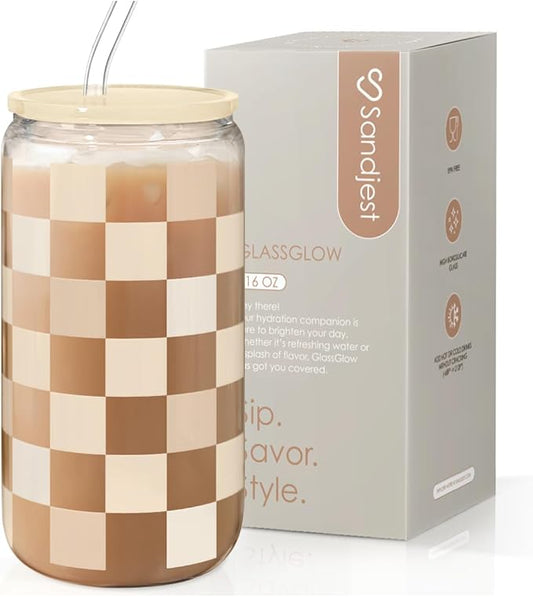 Checkerboard Glass Can, Beige Checker Cup with Lid & Straw, Iced Coffee Aesthetic Cups, Gift for Christmas Birthday Mother Day, Gifts for Women, 16oz