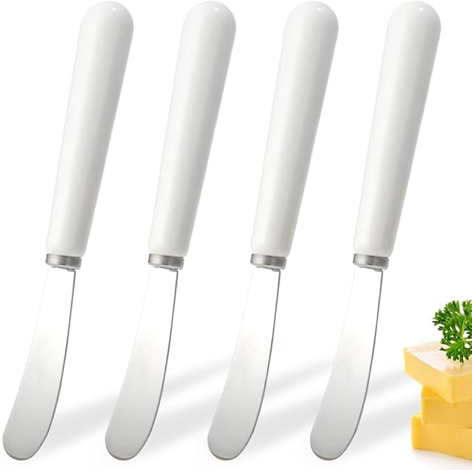 Butter Spreader Knife Set: Stainless Steel Butter Knife with Porcelain Long Handles - 4 Pack cheese spreader for Soft & Hard Butter, Jam, Cheese - Cheese Knife Spreader for Kitchen Use (White Handle)