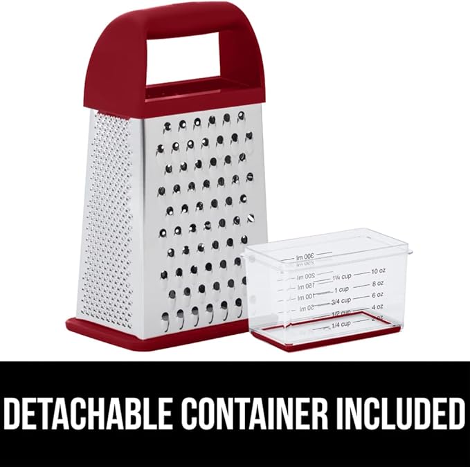 GORILLA GRIP 4-Sided Stainless Steel Cheese Grater With Container, 100% BPA-Free Box Grater, Slip Resistant Base and Handle, Grate Parmesan, Hard Cheeses, Shred Vegetables, Dishwasher Safe, Red
