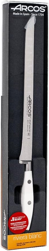Arcos Forged Knife/Ham Knife 10 Inch Nitrum Stainless Steel and 250 mm blade. Ergonomic Polyoxymethylene POM Handle. Series Riviera Blanc. Thin blade with a characteristic smooth edge. Color White.