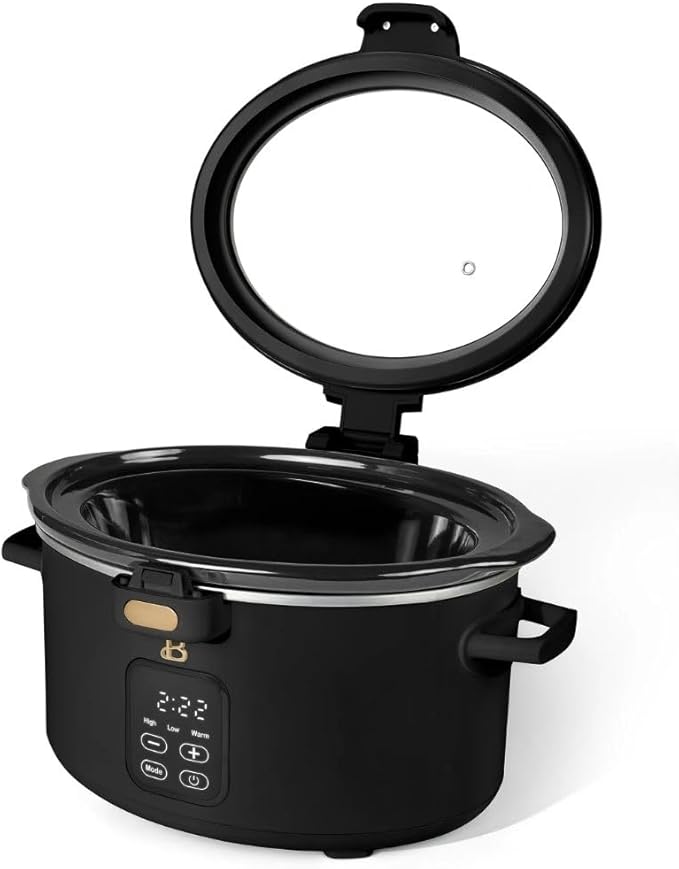 Beautiful by Drew 4.0-Quart Programmable Slow Cooker with Hinged Lid, Digital Timer, Keep Warm Function, Removable Stoneware Pot, Stainless-Steel Accents (Black)