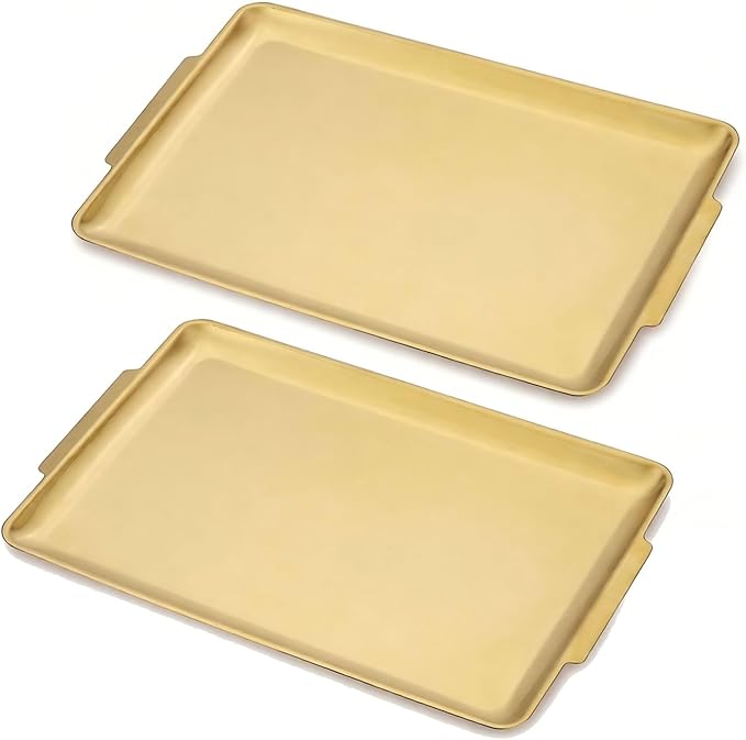 16.3" x 11" Large Serving Platters Set of 2, Stainless Steel Heavy-Duty Large Serving Trays, Gold Rectangular Plates for Food, Fruit, Party, Wedding, Christmas, Chip and Scratch Resistant