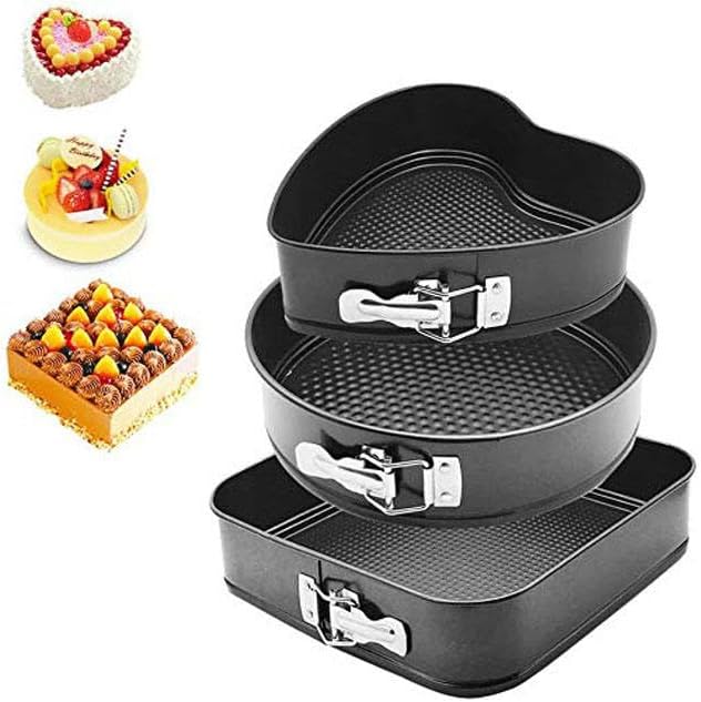 JNXHON Springform Heart shaped Cake pans Round Squar Non-stick Cheesecake Baking Tray with Detachable Bottom Heart Cake Mold for Christmas and Valentine's Day Baking Heart Round Square Set of 3