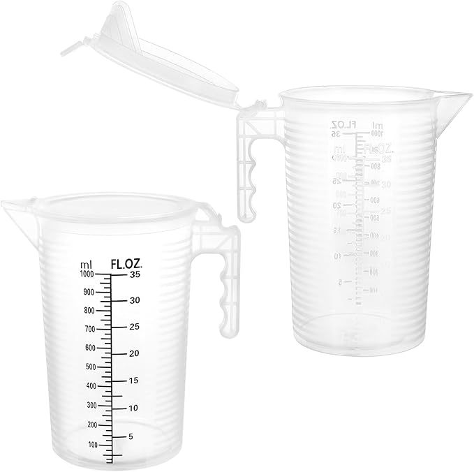 QWORK 2 Pack 32oz (1 Quart) Measuring Pitcher - Plastic, Multipurpose, Polypropylene, with Clear Ounce & Milliliter Markings, Dustproof Lid, for Cooking, Home Hobbies, Shop Oil and Fluids