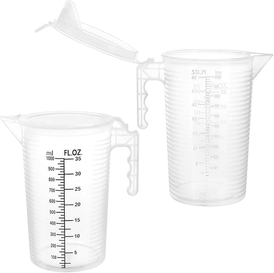 QWORK 2 Pack 32oz (1 Quart) Measuring Pitcher - Plastic, Multipurpose, Polypropylene, with Clear Ounce & Milliliter Markings, Dustproof Lid, for Cooking, Home Hobbies, Shop Oil and Fluids