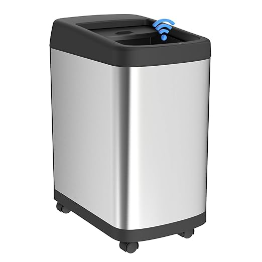 ELLO&ALLO 13 Gallon Automatic Touchless Motion Sensor Kitchen Trash Can with Roll Up Lid, Wheels, Brushed Stainless Steel Finish, Rectangular