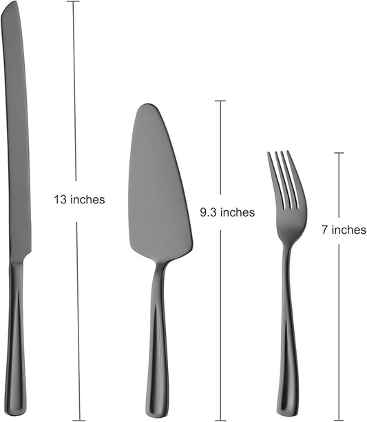 GoGeiLi Black Cake Knife and Server Set with Forks, 13-inch Stainless Steel Cake Cutting Set Include 4 Salad Forks, Wedding Cake Cutter Set, Mirror Polished & Dishwasher Safe