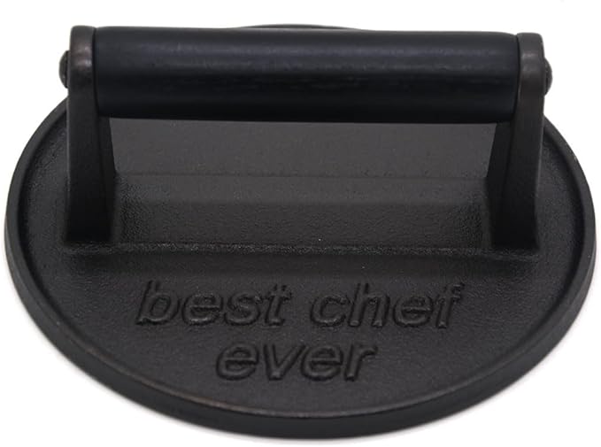 Best Chef Ever Heavy Duty Cast Iron Grill Press Burger Press Bacon Press Barbecue Press Meat Press Burger Smasher Round Flat Press with Anti Scalding Wooden Handle Unique Chef Gifts (6.5")