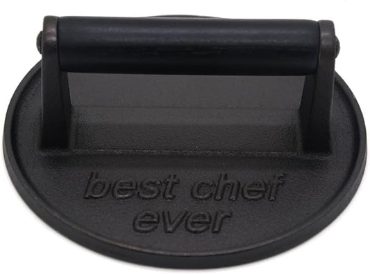 Best Chef Ever Heavy Duty Cast Iron Grill Press Burger Press Bacon Press Barbecue Press Meat Press Burger Smasher Round Flat Press with Anti Scalding Wooden Handle Unique Chef Gifts (6.5")