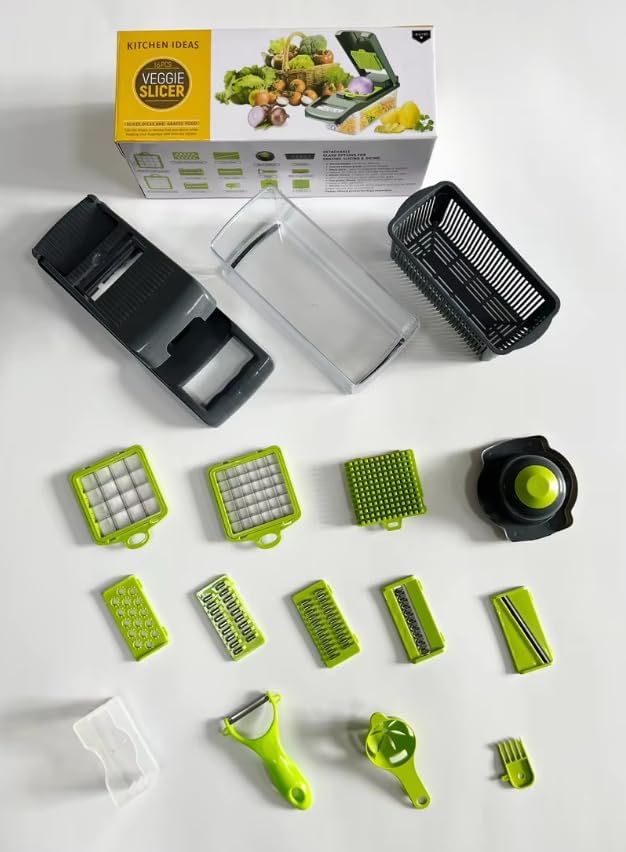 16-in-1 Multifunction Vegetable Cutter & Food Dicer with Container – BPA-Free Mandoline Slicer, Kitchen Chopper & Cleaning Tool.