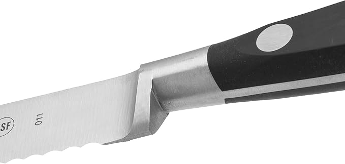 Arcos Forged Knife Serrated 5 Inch Nitrum Stainless Steel and 130 mm blade. Ergonomic Polyoxymethylene POM Handle. Series Riviera. Color Black