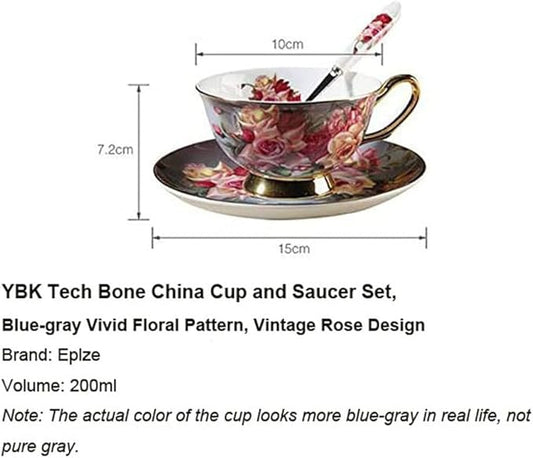 YBK Tech Euro Style Bone China Cup& Saucer Set, Ceramic Tea Coffee Cup for Home Kitchen Wedding (Vintage Rose Pattern)
