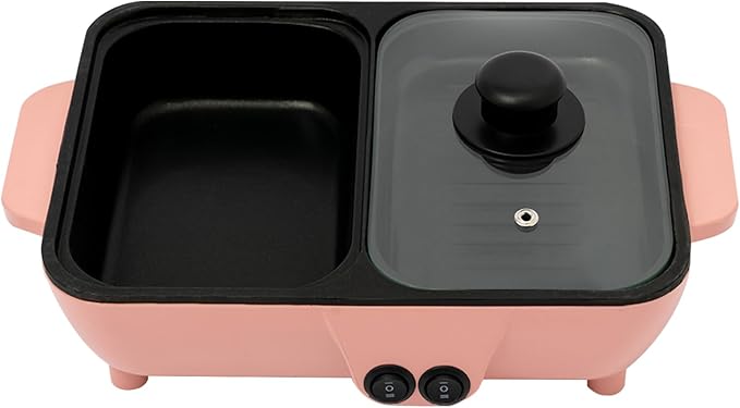 Electric Grill Hot Pot 2 in 1 Indoor Smokeless Hotpot Pot Electric Cooker Electric Hot Pot with Grill with Divider-Separate Dual Temperature Contral Korean BBQ Grill (Pink)