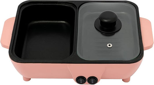 Electric Grill Hot Pot 2 in 1 Indoor Smokeless Hotpot Pot Electric Cooker Electric Hot Pot with Grill with Divider-Separate Dual Temperature Contral Korean BBQ Grill (Pink)