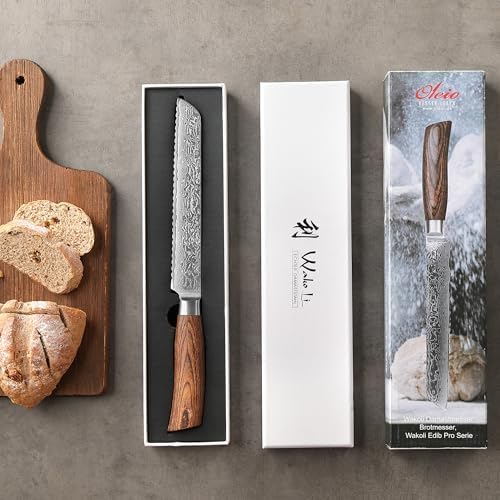Wakoli EDIB Pro Premium Damascus Bread Knife – Japanese Style Kitchen Knife | 7.9-Inch Blade Made of 67-Layer Damascus Steel with Corrugated Polished Blade | Ergonomic Pakkawood Handle