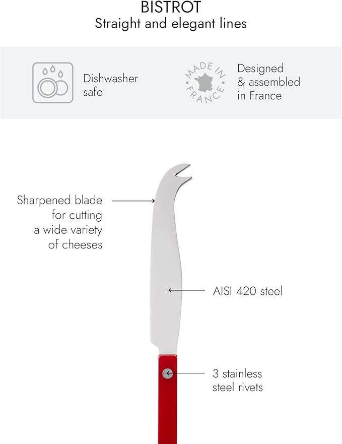 SABRE PARIS - Cheese Knife 9.4 inches - Bistrot Collection - All Cheeses - Stainless Steel & Nylon - Dishwasher Safe - Burgundy - Brilliant Finish
