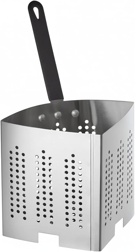 5 Qt. Stainless Steel Pasta Strainer Basket Wedge Inset with Black PVC Handle – Perforated 22 Gauge Steel, Fits 13 15/16”+ Pots, Individual Portion Cooking for Pasta, Vegetables & Seafood (1)