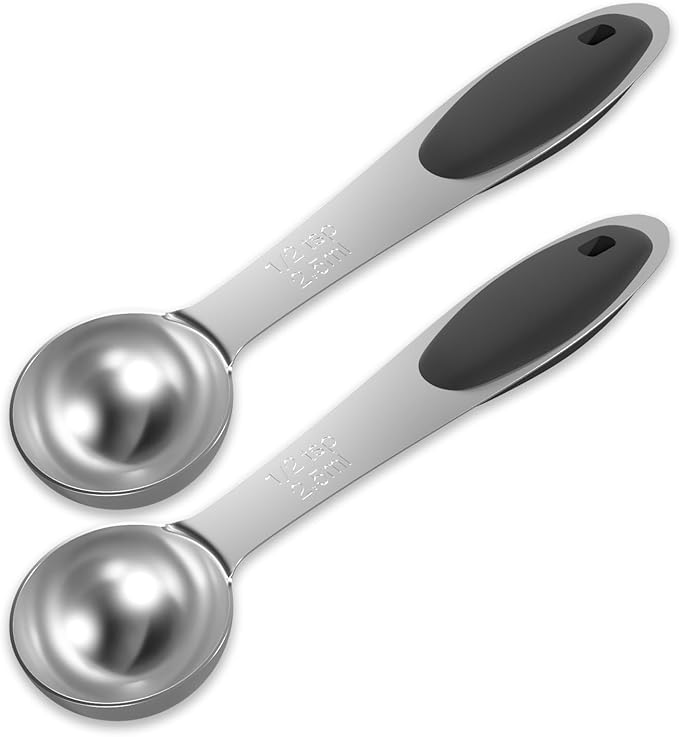 LEIFENY 2PCS 1/2 Tsp(1/6tbsp, 2.5ml) Single Measuring Spoon with Black Silicone Grip, Stainless Steel Individual Measure Scoop Only