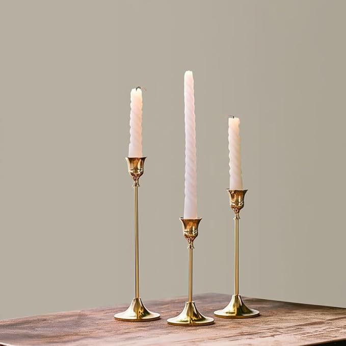 IBSales | Set of 3 Metal Taper Candle Holders – Gold Vintage-Inspired Decorative Centerpiece for Table, Mantel, Wedding, or Housewarming Gift – Elegant Modern Design.