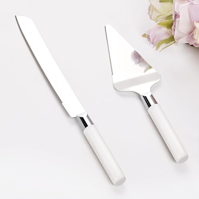 TUKDAK Cake Cutting Set for Wedding, Wood Cake Knife and Server Set, Vintage 2-Piece Pie Cake Cutter, White Pizza Dessert Utensils Bridal Anniversary Birthday Quinceañera Gift (White)
