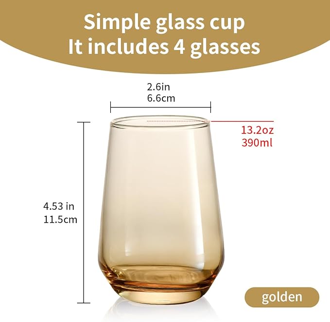Modern Glass Drinking Cups Set, Clear Crystal Stemless Tumblers, 13.2 oz Capacity, 4.53 inch Height, 4 Pack (Golden) Kitchen Water Iced Tea Juice Beverage Glass
