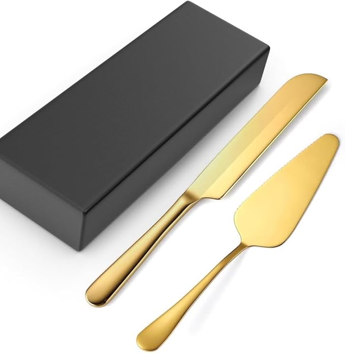 PAXNOK Pie Server and Cake Server Stainless Steel Set - Serrated Spatula with Elegant Ergonomic Handles for Cutting and Serving Desserts, Brownies, Lasagna (Gold)