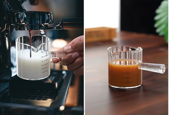 Glass Espresso Cup 6 OZ, Double Shots Measuring Cup with Glass Handle for Dishwasher Safe, Double V-Shaped Spout Milk Frothing Pitcher, Espresso Accessories for Machine, Demitasse Cups
