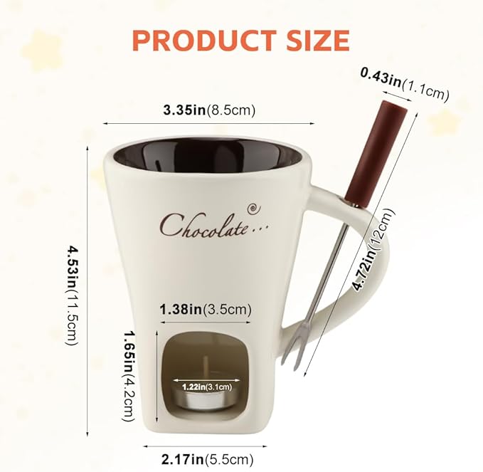 Chocolate Fondue Mugs, Chocolate Melting Cup Set with Forks Candle Warmer, Mini Ceramic Coffee Warmer Mug, Fondue Cups With Forks For Date Night Birthday Wedding Gifts(White)