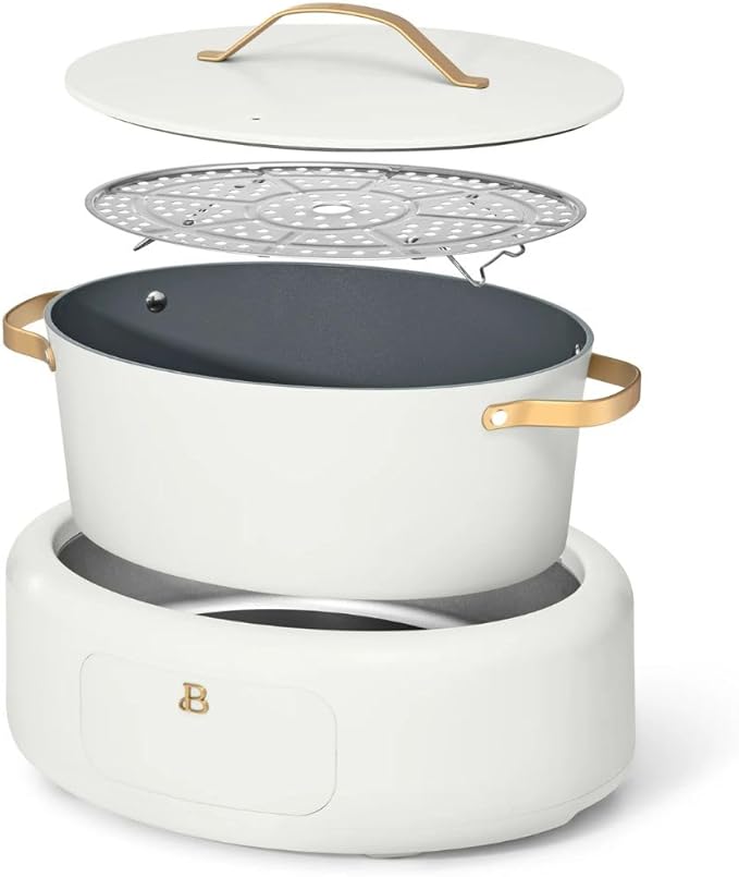 Beautiful 10-in-1 6-Qt Programmable Multi-Cooker with Oven-Safe Pot & 7 Presets – Slow Cook, Rice, Steam, Sauté (WHITE ICING)