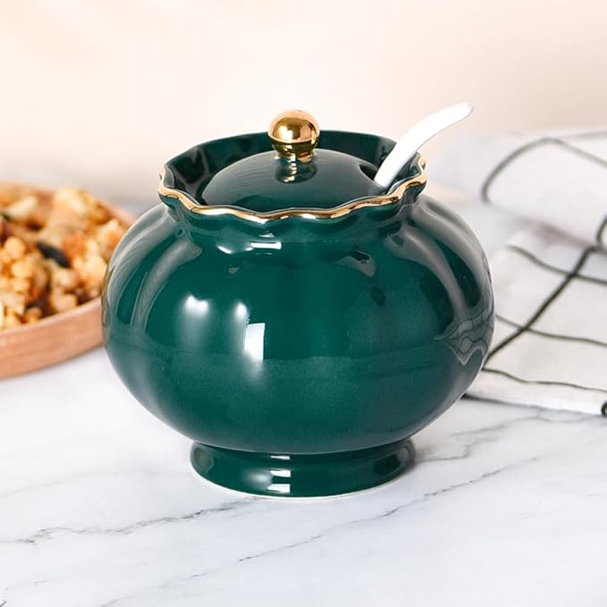 Sugar Bowl with Lid and Spoon, Ceramic Sugar Bowl, 9oz Sugar Jar for Coffee Bar, Spice Box Sugar Containers for Seasoning, Sauce, Elegant Decor for Kitchen Countertop